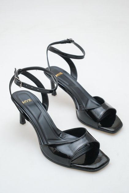Women's Black Patent Leather Ankle Strap Heeled Shoes
