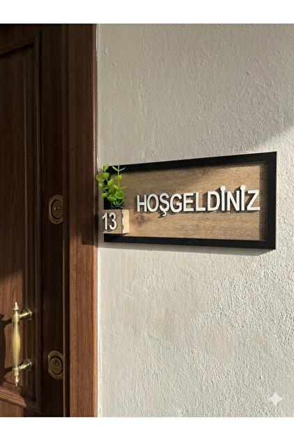 Kişiye Özel Ahşap Hoşgeldiniz Kapı Tabelası, Dekoratif Kapı Numarası Çiçekli Kapı Süsü (23x10cm)