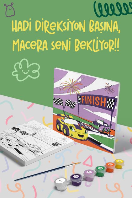 Araba Yarışı Temalı Çocuk Tuval Boyama Seti | Tuval + 6 Renk Akrilik Boya + Fırça