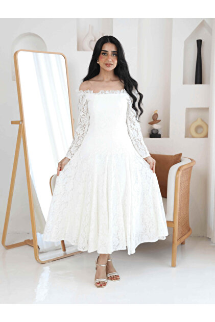 Nice Model Elegant Formal Party Midi Dress Lace White Off Shoulder Evening  Dress- Trendyol