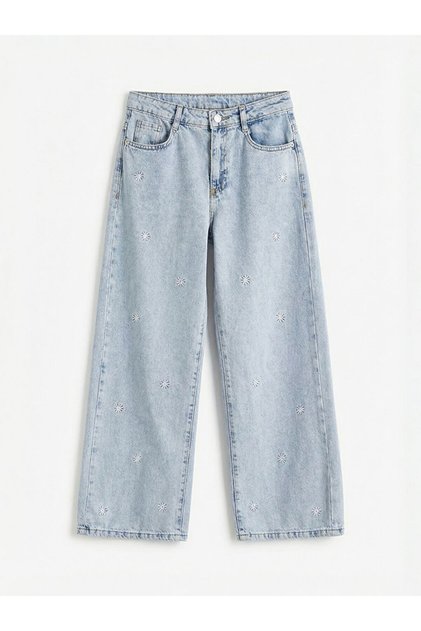 Blue Wideleg Embroidered Girls' Jean Pants