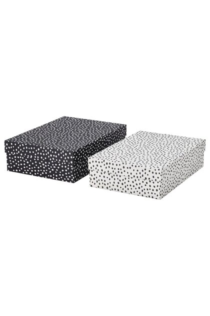 Rattaren 2 Adet Nokta Desenli Kapaklı Saklama Kutusu 34x24x9 cm ve 35x25x10 cm