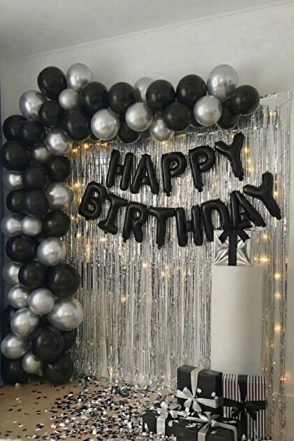 Black Silver Metallic Balloon Set Black Foil Happy Birthday Lettering Silver Wall Curtain Birthday Set