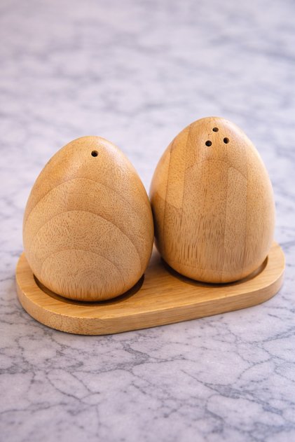 Double Salt and Pepper Shaker Set with Bamboo Stand - Natural Wood Kitchen Table Presentation Set