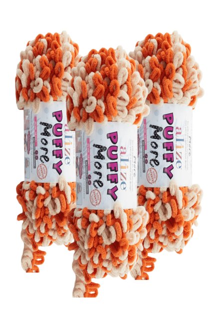 Puffy More Hand Knitting Yarn 3 Pieces – 6506 Orange/Cream – 150 Gr. 11.5 Meters. – Blanket, Scarf, Vest