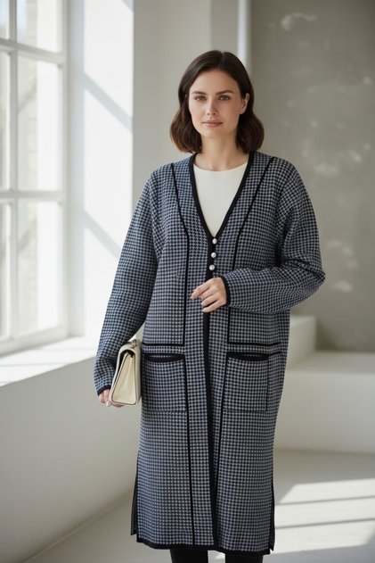 Plus Size Women's Boat Neck Pocketed Knitwear Cardigan Long Length