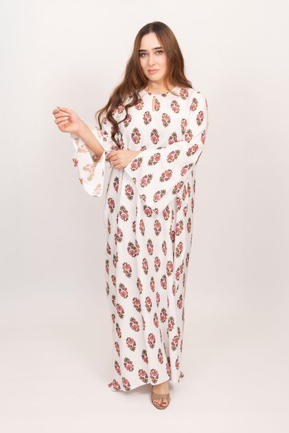 White Jalabiya Women – Floral Motif Print Maxi Modest Wear