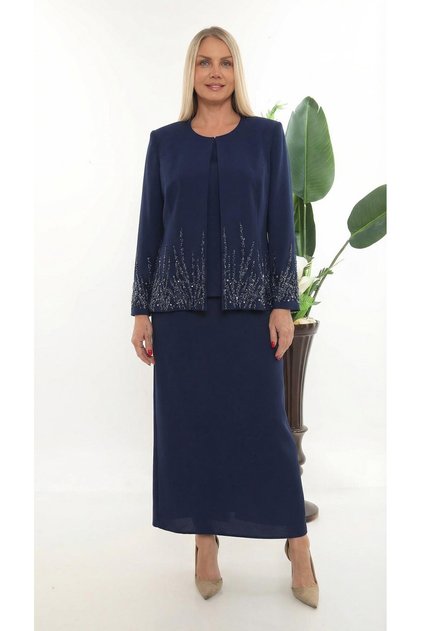 Jacket with Elegant Stone Embellishments Slit Navy Blue Floor-Length Three-Piece Suit