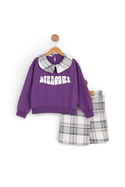Girl's Plaid Patterned Shorts with Skirt, Collared Sweatshirt, Ages 6-7-8-9-10, 2-Piece Top and Bottom Set