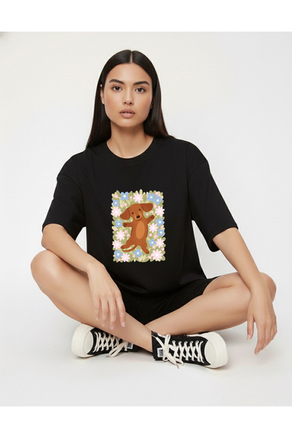 Cute Dog and Flowers Printed Oversized Cotton Unisex Tshirt - Tshirt