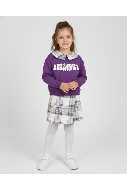 Girl's Plaid Patterned Shorts with Skirt, Collared Sweatshirt, Ages 6-7-8-9-10, 2-Piece Top and Bottom Set