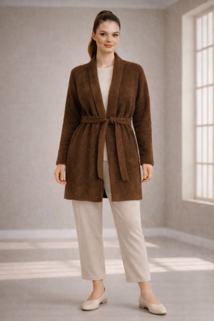 Elegant Kadın Angora Triko Örgü Kuşaklı Düz Renk Büyük Beden Hırka
