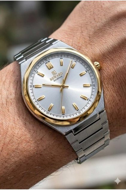 Men's Wristwatch | 42mm Steel Case, Silver Dial, Dual Color Steel Band