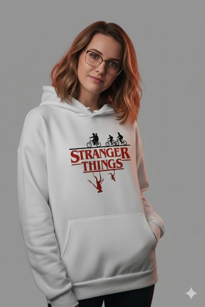 Unisex Stranger Things Printed White Oversized Hooded Sweatshirt -Hoodie