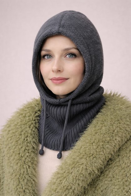 Balaklava Dark Gray Knitwear Corded Fabric Knitted Beanie Headgear - Lace-Up Hooded Balaclava