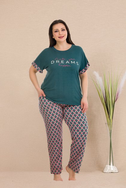 Plus Size Crew Neck Patterned Short Sleeve Pajama Set