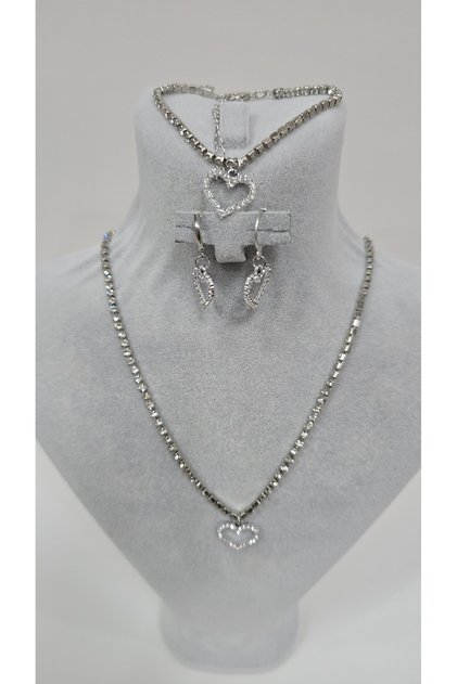 Stainless Steel Silver Color Big Heart White Zircon Stone Earrings, Bracelet, Necklace Set