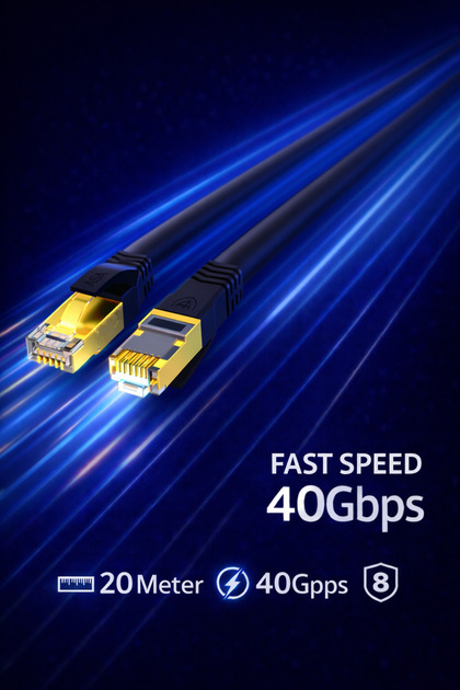 كابل إيثرنت Cat8 عالي السرعة 40 جيجابت في الثانية 2000 ميجاهرتز، كابل شبكة محلية محمي RJ45 بطول 20 مترًا