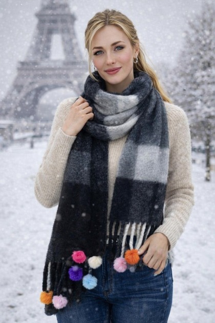 Women's Pompom Shawl Scarf
