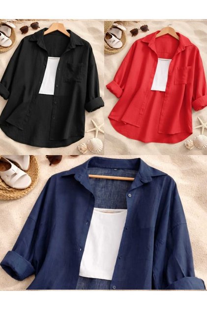 3-Pack Black Navy Blue Red Oversized Linen Textured 100% Cotton Single Pocket Casual Shirt