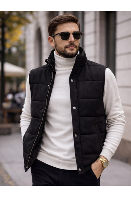 Men's Nubuck Leather Puffer Vest with Thai Feather Lining and Pockets