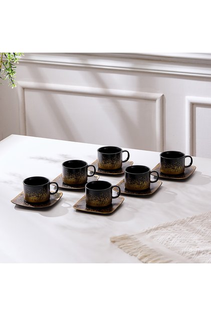 Set de 6 cești cu 6 farfurioare, 180 ml - Negru - Snowing Collection