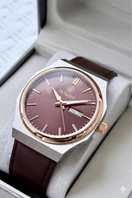 Men's Wristwatch Steel Case Genuine Leather Strap with Gift Box and Bracelet Gift.Hmc0282