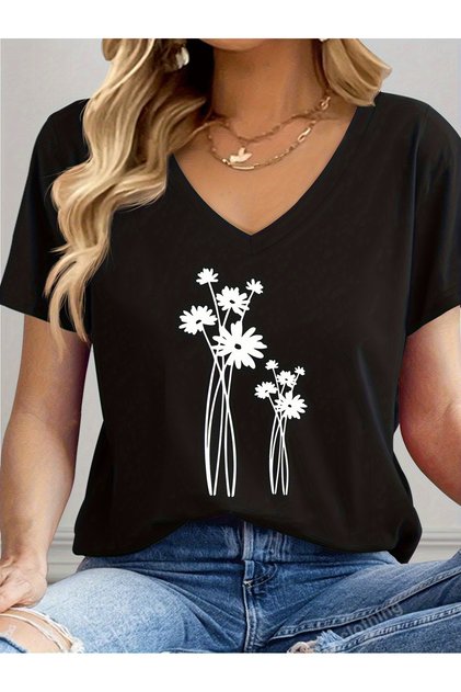 Kadın Baskılı Rahat Kesim V Yaka T-shirt