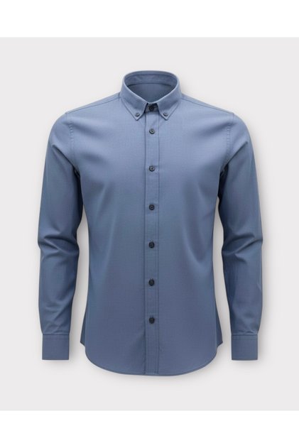 Slim Fit Long Sleeve Button-Up Collar Washed Solid Light Blue Shirt 2411Ama