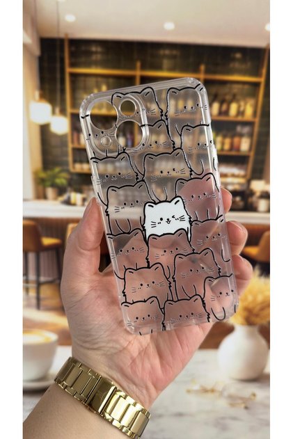 iPhone 13 Compatible Manycat Patterned Transparent Shock-Absorbing Camera Protected Clear Case
