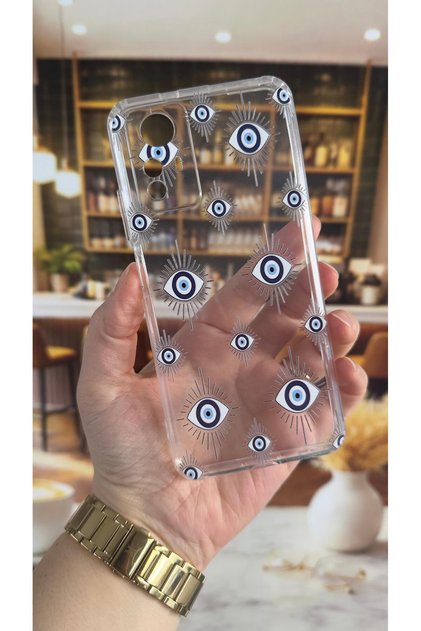 Xiaomi Redmi Note 12S Compatible Evileye Patterned Transparent Shock-Absorbing Camera Protected Clear Case