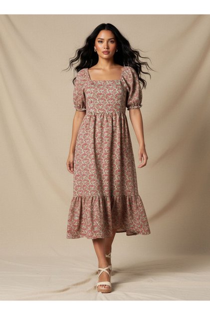 Floral Print Midi Dress with Square Neck