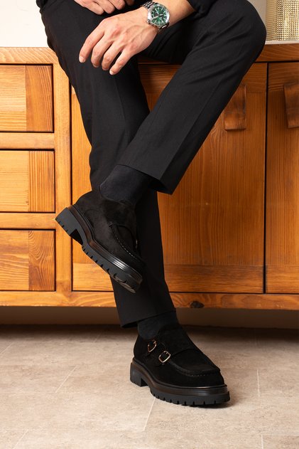 Men's Black Genuine Leather Double Buckle Eva Non-Slip Sole Suede Casual Shoes