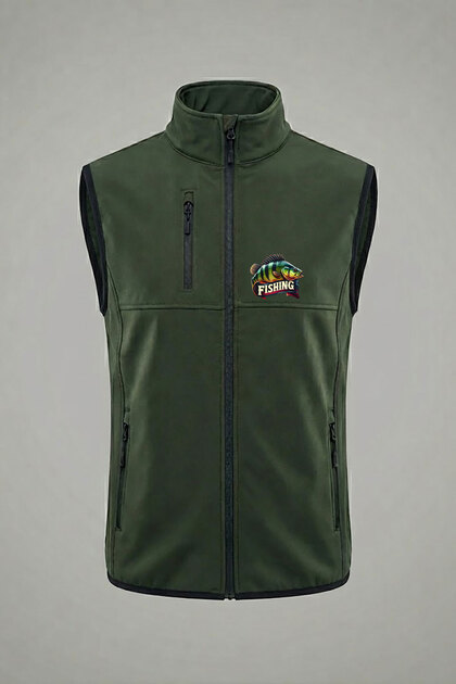 Hunting Fishing Fish Printed Water and Wind Resistant Men's Softshell Outdoor Khaki Vest