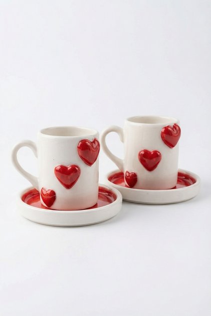 Heart Figured 2 Person 4 Piece Handmade Coffee Cup Set