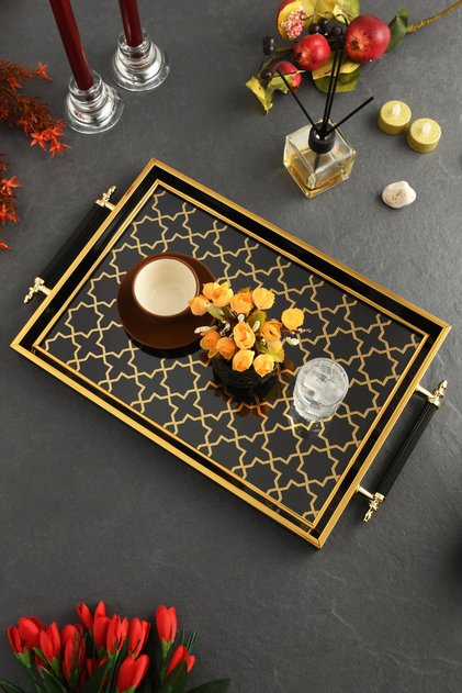 Selçuklu Model Gold-Siyah Çerçeveli Lüks Sunum Tepsisi 46x28 cm Gerçek Cam