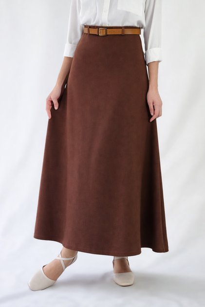 Belt-Detail Maxi Size Loose Brown Woven Skirt