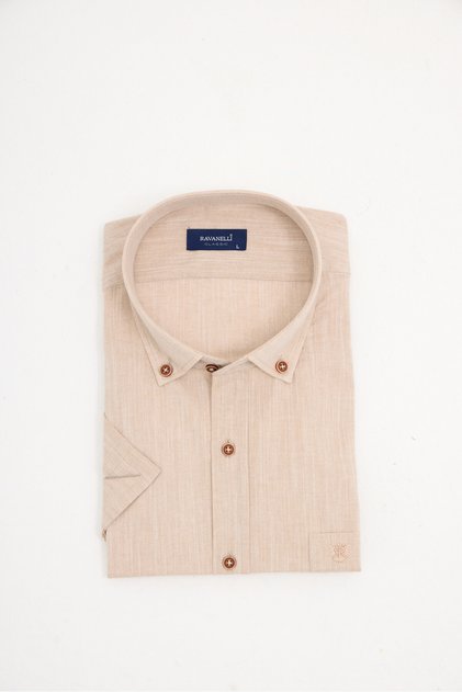 Short Sleeve Classic Collar Buttoned Cotton Linen Look Men's Shirt with Pockets