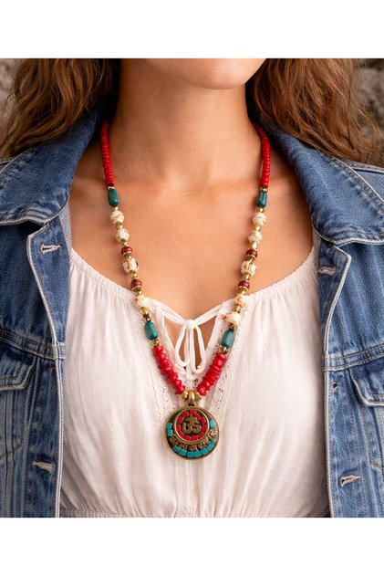 Ritual Om Authentic Spiritual Women's Necklace – Om Symbol, Brass & Natural Stone, 60 cm Bohemian Necklace