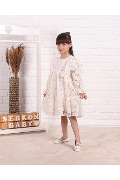 Beige Lace Long Sleeve Girls' Religious Ceremony Dress | Ruffled Collar, Cotton Lined Special Occasion Dress