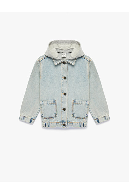 Uzun Kollu Cepli Pamuklu Oversize Kapşonlu Denim Ceket