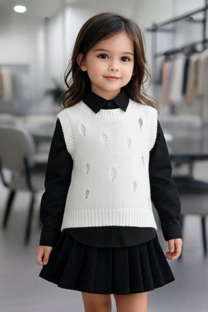 Girl's Cotton Ripped Detailed Transitional Knitwear Sweater