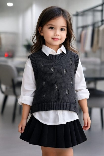 Girl's Cotton Ripped Detailed Transitional Knitwear Sweater