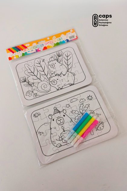 2 Pieces Capybara Themed 20 Piece Painting Puzzle Set (2 Pieces) + 4 Pieces Marker Set
