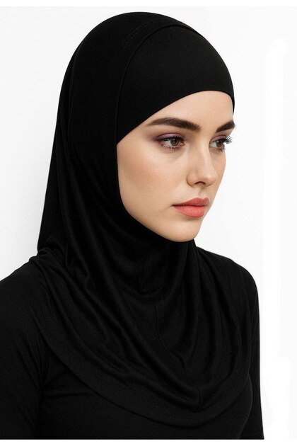 Plain Sports Hijab - Stretch Fabric Sports Caps with Ninja Bonnet Neck Collar - Black