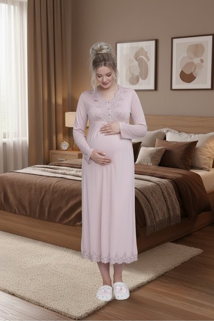 Women's Dusty Rose Stylish Long Sleeve Lace Detailed Special Design Maternity Nightgown
