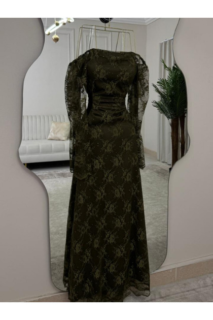 Elora's olive green dress with embellished lace