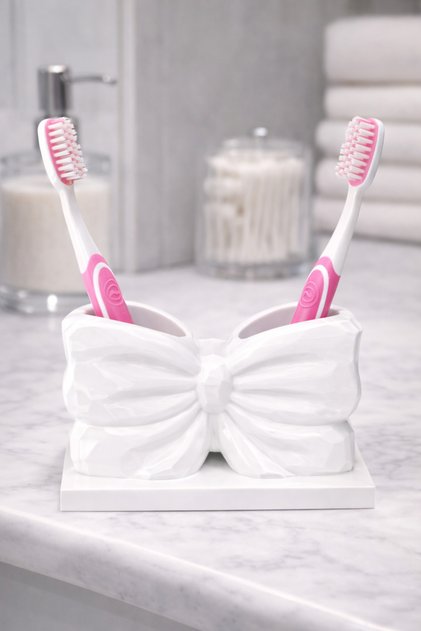 Cute Bow Pen & Makeup Accessory – Toothbrush Holder - Coquette Desktop Decor