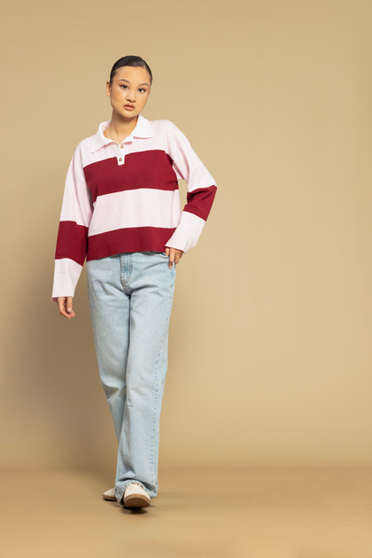 Block Striped Polo Neck Sweater