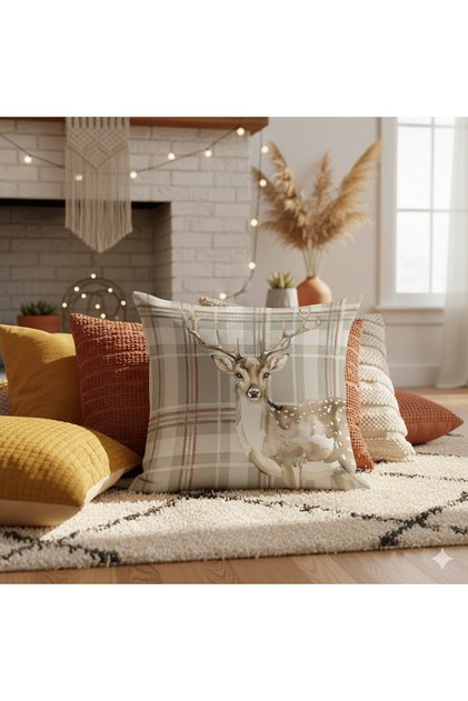 Beige Plaid Deer Pattern Decorative Throw Pillow Cover - 43X43 cm